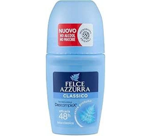 Felce Azzurra - Дезодорант для мужчин и женщин Классический шариковый, нежная инновационная формула против неприятных запахов для 48 часов длительной свежести - Дезодоранты экстрапарфюмированные без спирта, без пятен, 50 мл