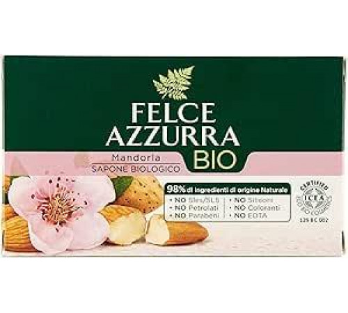 Felce Azzurra Bio 100% натуральное твердое мыло с ароматом миндаля, мыло для рук, лица и тела — дерматологически протестированное увлажняющее очищающее средство, многоцелевое мыло, ароматизированное мыло 125 г